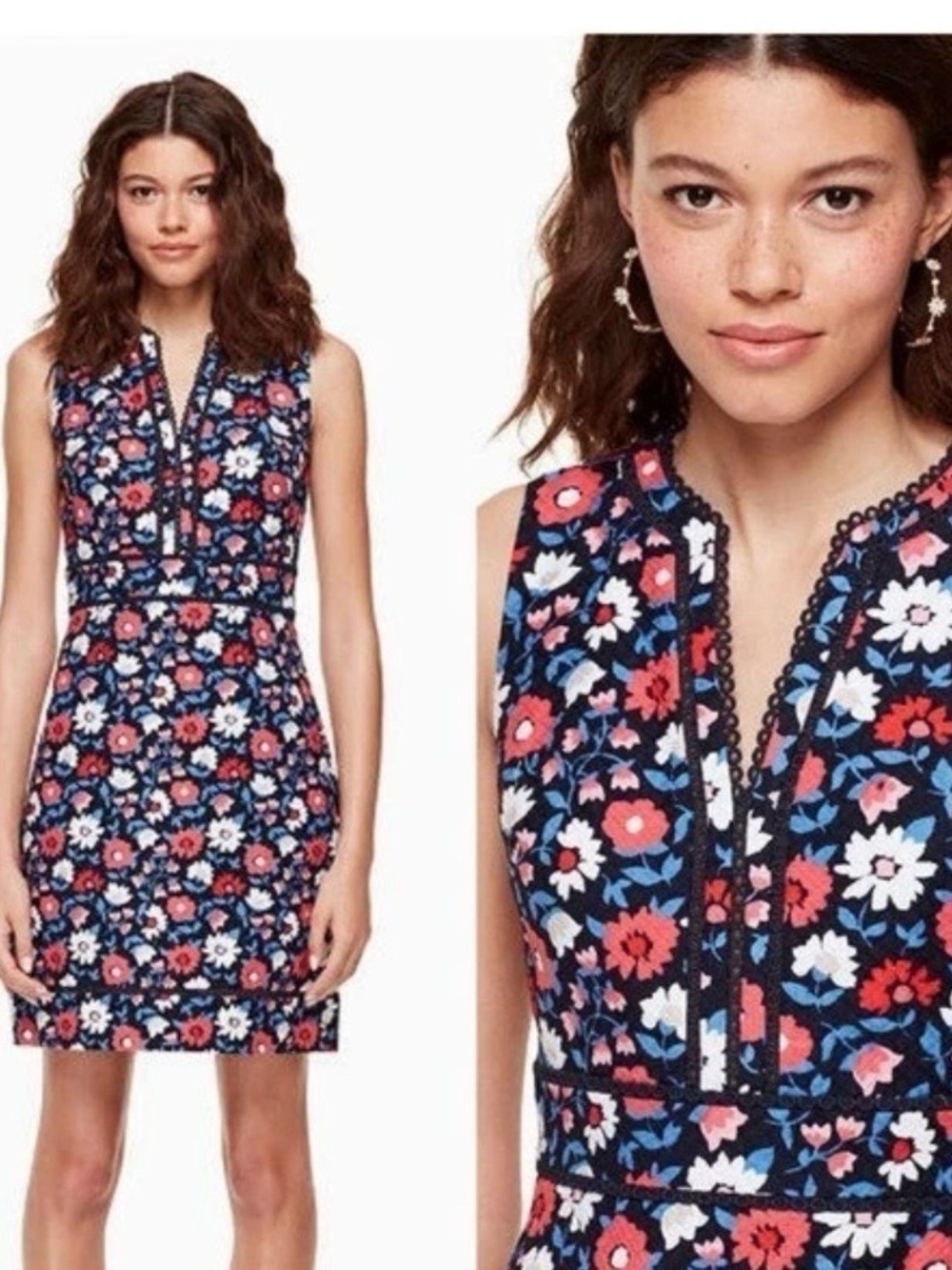 kate spade Navy Floral V‑Neck Sleeveless Mini Dress cotton like 8-12 see mead